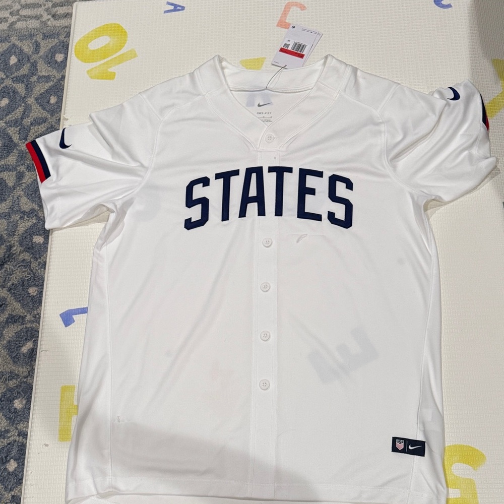 Nike White and Navy 'States' Baseball Jersey